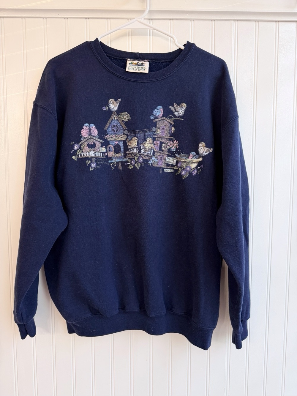 Northern Reflections Navy Crewneck Sweater with Birdhouse Motif